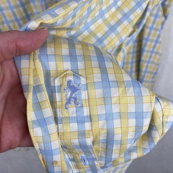 Vintage Bugatchi Yellow Blue Check Print Long Sleeve Classic Fit Shirt Size L - Picture 4 of 5